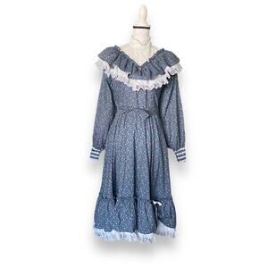 Vntg 70s Gunne Sax Floral Lace Prairie Dress Sz S Blue Pink Calico long Sleeve